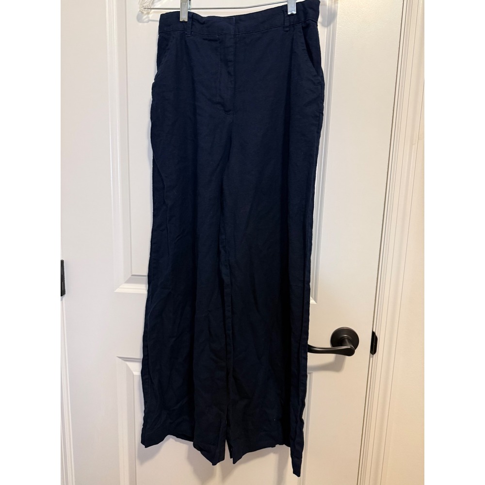 Max Studio Wide Leg Linen Blend Pants Womens M Navy Blue Excellent High Rise